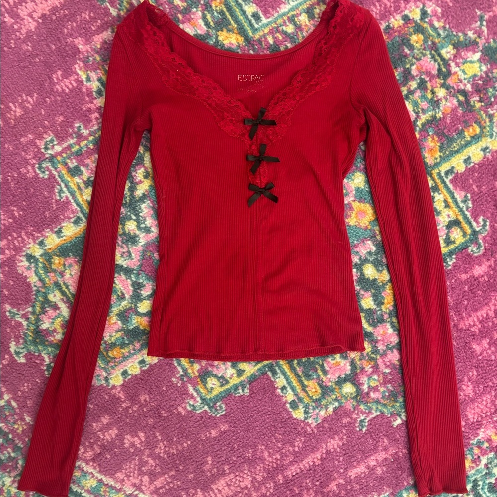 Red Lace-Trimmed Women's Top